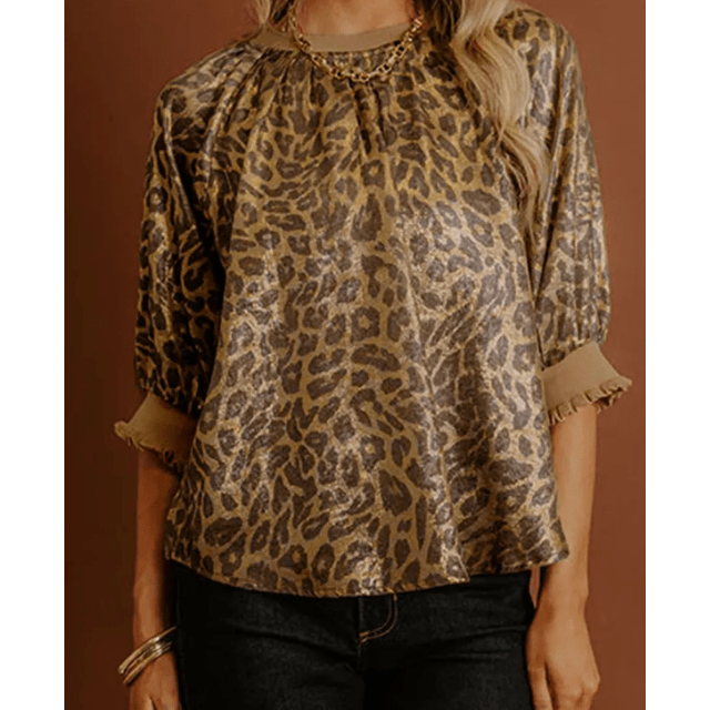 Tiffie Gold Half Sleeve Metallic Leopard Print Blouse