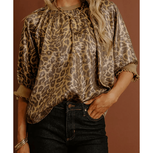Tiffie Gold Half Sleeve Metallic Leopard Print Blouse