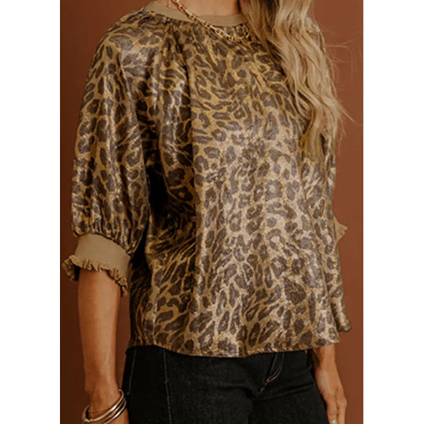 Tiffie Gold Half Sleeve Metallic Leopard Print Blouse