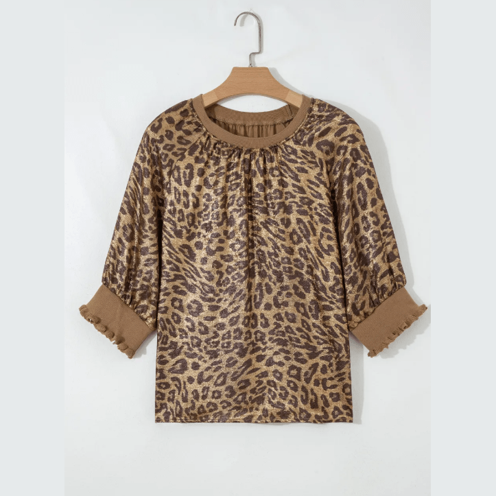 Tiffie Gold Half Sleeve Metallic Leopard Print Blouse