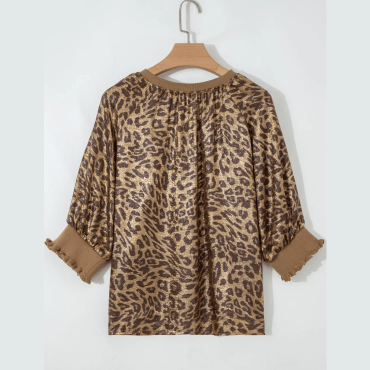 Tiffie Gold Half Sleeve Metallic Leopard Print Blouse