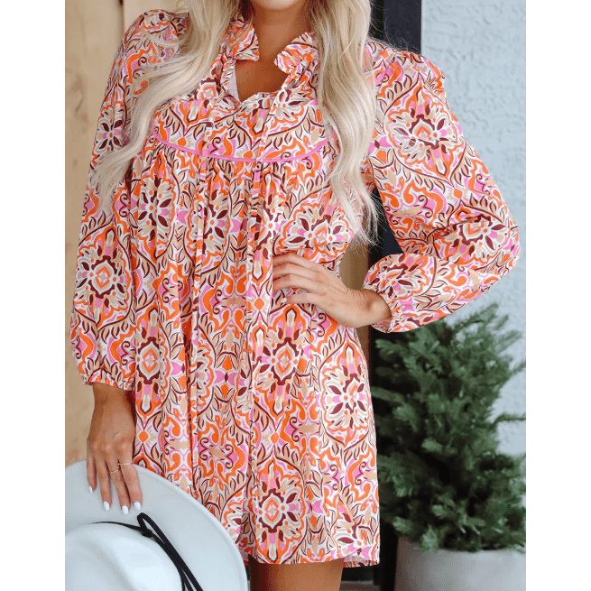 Maree Abstract Printed Long Sleeve Tied Neckline Mini Dress