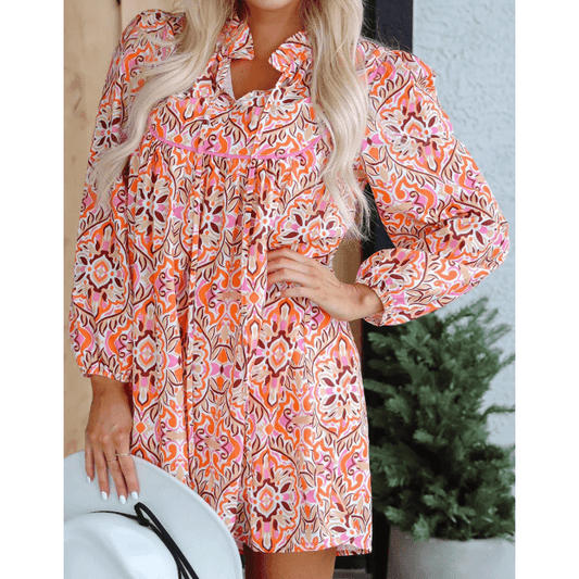 Maree Abstract Printed Long Sleeve Tied Neckline Mini Dress