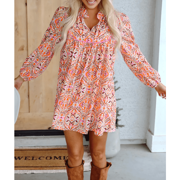 Maree Abstract Printed Long Sleeve Tied Neckline Mini Dress