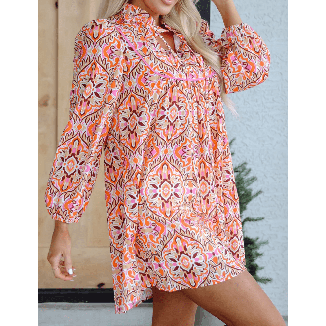 Maree Abstract Printed Long Sleeve Tied Neckline Mini Dress