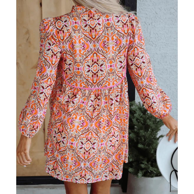 Maree Abstract Printed Long Sleeve Tied Neckline Mini Dress