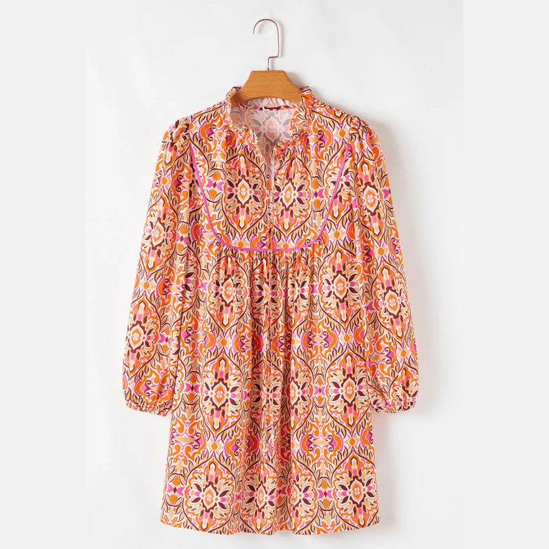 Maree Abstract Printed Long Sleeve Tied Neckline Mini Dress