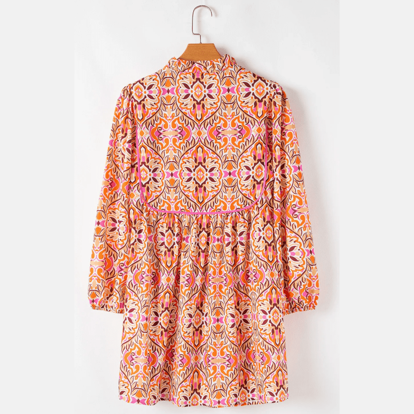 Maree Abstract Printed Long Sleeve Tied Neckline Mini Dress