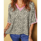 Desarae Contrast V Neck Varsity Short Sleeve Leopard Top