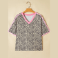 Desarae Contrast V Neck Varsity Short Sleeve Leopard Top