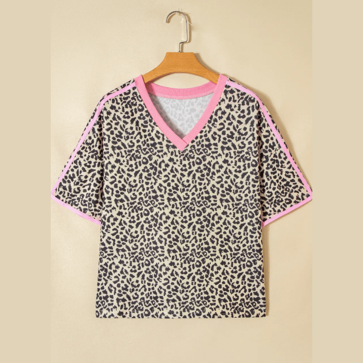 Desarae Contrast V Neck Varsity Short Sleeve Leopard Top