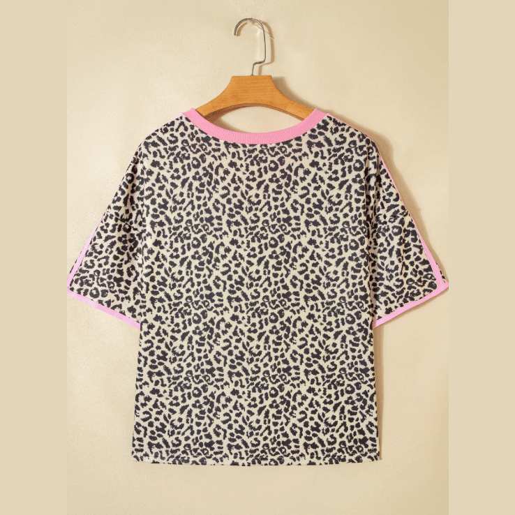 Desarae Contrast V Neck Varsity Short Sleeve Leopard Top
