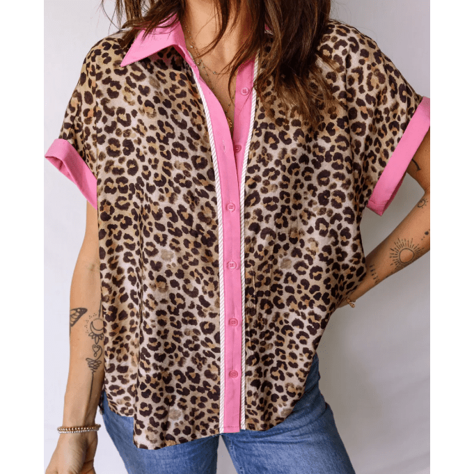 Georgia Kate Leopard Print Contrasted Trim Animal Short Sleeve Shirt