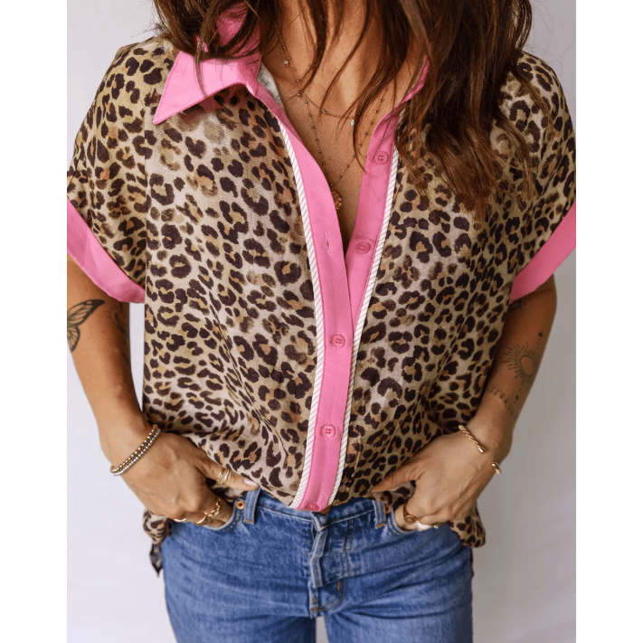 Georgia Kate Leopard Print Contrasted Trim Animal Short Sleeve Shirt