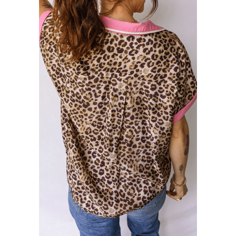 Georgia Kate Leopard Print Contrasted Trim Animal Short Sleeve Shirt