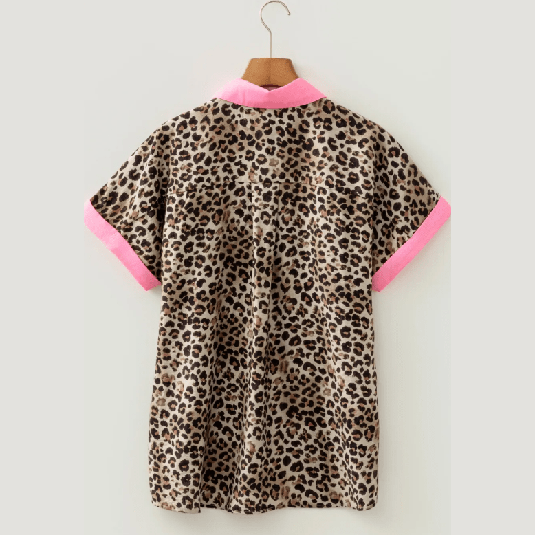 Georgia Kate Leopard Print Contrasted Trim Animal Short Sleeve Shirt