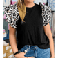 Carys Black Contrast Leopard Ruffled Short Sleeve Ribbed Knit Top