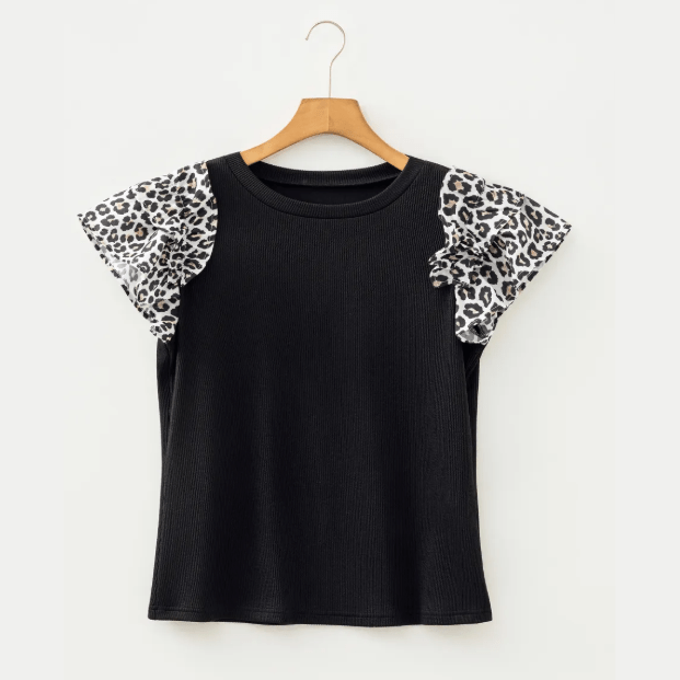 Carys Black Contrast Leopard Ruffled Short Sleeve Ribbed Knit Top