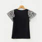 Carys Black Contrast Leopard Ruffled Short Sleeve Ribbed Knit Top