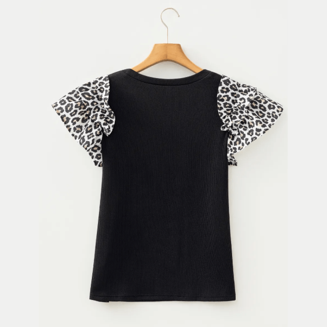 Carys Black Contrast Leopard Ruffled Short Sleeve Ribbed Knit Top