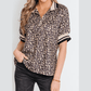 Katie Leopard Print Half Zip Striped Trim Patchwork Short Sleeve Top