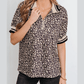 Katie Leopard Print Half Zip Striped Trim Patchwork Short Sleeve Top