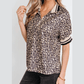 Katie Leopard Print Half Zip Striped Trim Patchwork Short Sleeve Top
