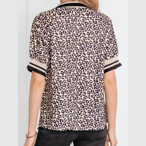 Katie Leopard Print Half Zip Striped Trim Patchwork Short Sleeve Top