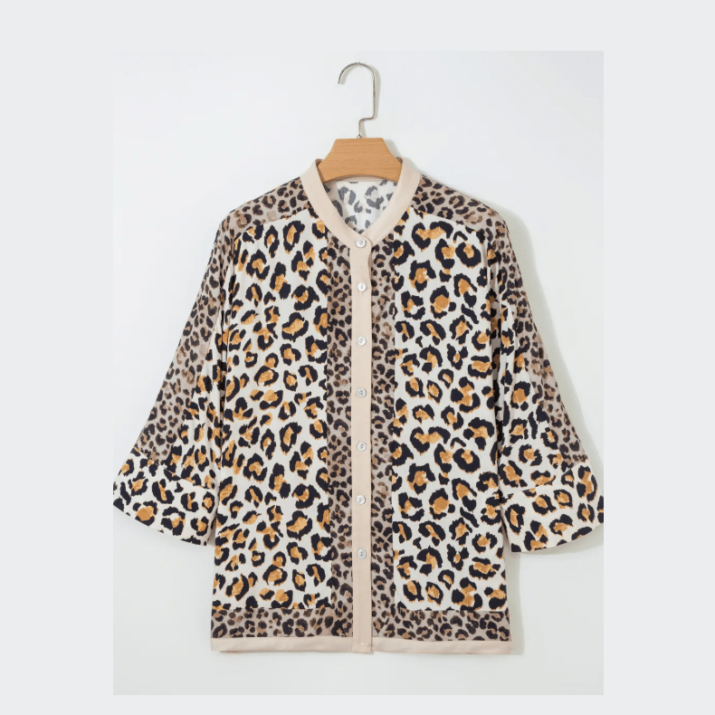 RTS Khaki Mixed Leopard Patchwork 3/4 Sleeve Loose Shirt