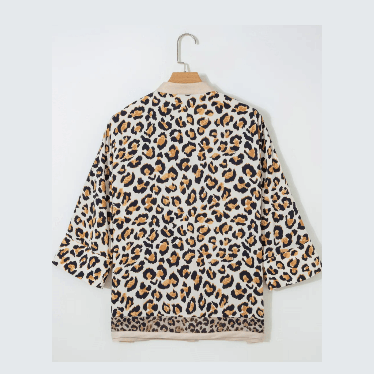 RTS Khaki Mixed Leopard Patchwork 3/4 Sleeve Loose Shirt