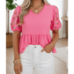 Apryl Sachet Pink Frilled V Neck Flower Embroidered Puff Sleeve Textured Blouse