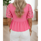 Apryl Sachet Pink Frilled V Neck Flower Embroidered Puff Sleeve Textured Blouse