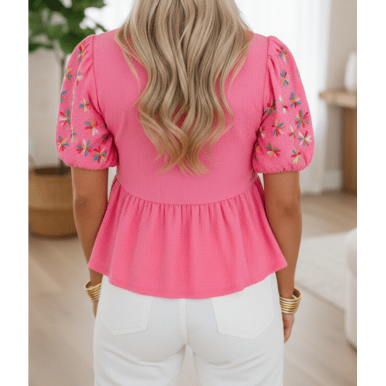 Apryl Sachet Pink Frilled V Neck Flower Embroidered Puff Sleeve Textured Blouse