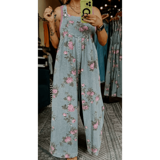 Clorinda Beau Blue Floral Print Pleated High Waist Wide Leg Denim Jumpsuit