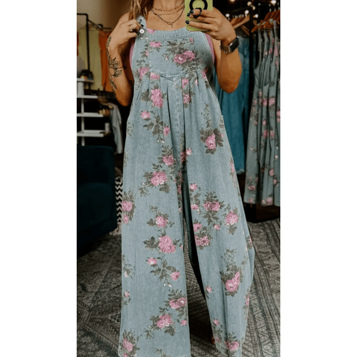 Clorinda Beau Blue Floral Print Pleated High Waist Wide Leg Denim Jumpsuit