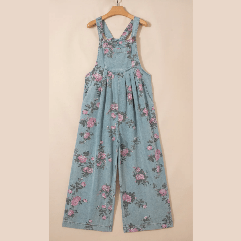 Clorinda Beau Blue Floral Print Pleated High Waist Wide Leg Denim Jumpsuit