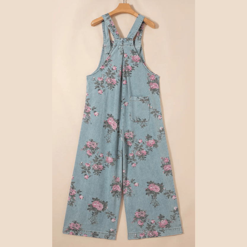 Clorinda Beau Blue Floral Print Pleated High Waist Wide Leg Denim Jumpsuit