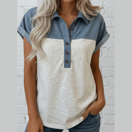 Sissy Light Grey Color Block Denim Patchwork Button Polo Collar Short Sleeve Top