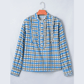 Anessa Sky Blue Plaid Long Sleeve Frilled Detail Half Button Blouse