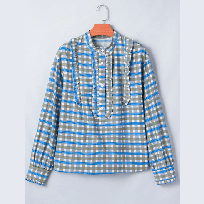 Anessa Sky Blue Plaid Long Sleeve Frilled Detail Half Button Blouse
