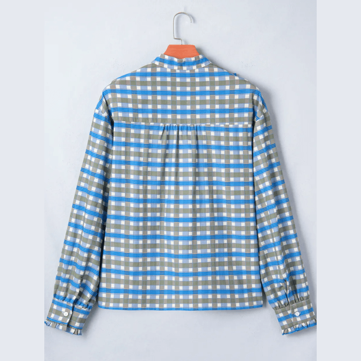 Anessa Sky Blue Plaid Long Sleeve Frilled Detail Half Button Blouse