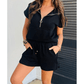 Kash Black Textured Half Zip Kangaroo Pocket Top Drawstring Shorts Set