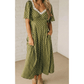 Thelma Green Polka Dot Print Lacy Neckline Smocked High Waist Maxi Dress