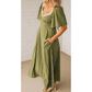 Thelma Green Polka Dot Print Lacy Neckline Smocked High Waist Maxi Dress