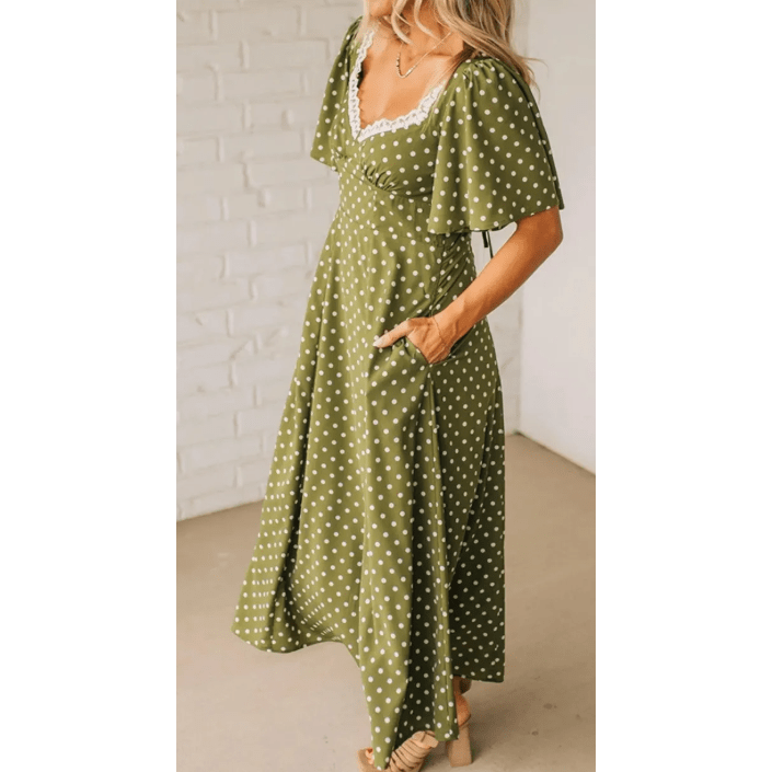 Thelma Green Polka Dot Print Lacy Neckline Smocked High Waist Maxi Dress