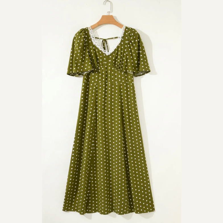 Thelma Green Polka Dot Print Lacy Neckline Smocked High Waist Maxi Dress