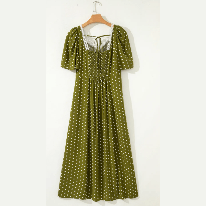 Thelma Green Polka Dot Print Lacy Neckline Smocked High Waist Maxi Dress