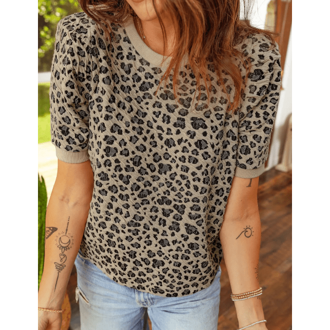 Vickie Khaki Textured Leopard Print Crew Neck Short Sleeve Top