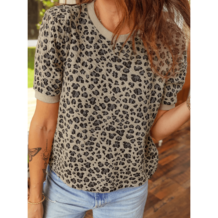 Vickie Khaki Textured Leopard Print Crew Neck Short Sleeve Top