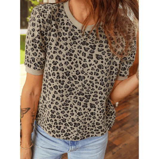 Vickie Khaki Textured Leopard Print Crew Neck Short Sleeve Top